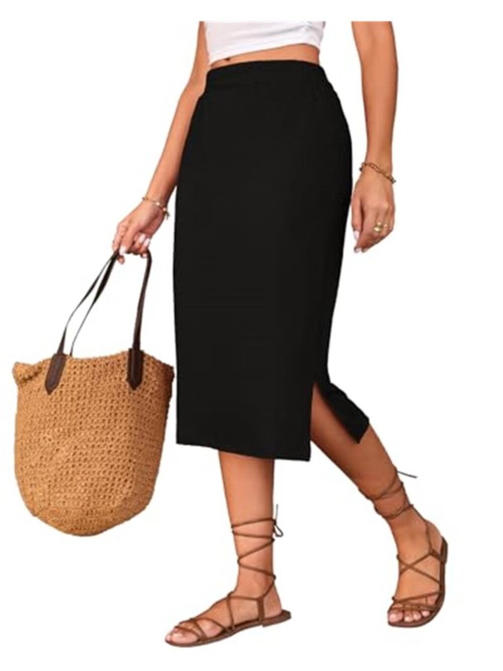 High Waisted Midi Skirt Side Slit Elastic Waist Casual Summer Long Skirt Women